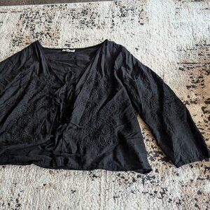 Christian Siriano black 3/4 length sleeve linen blend shirt